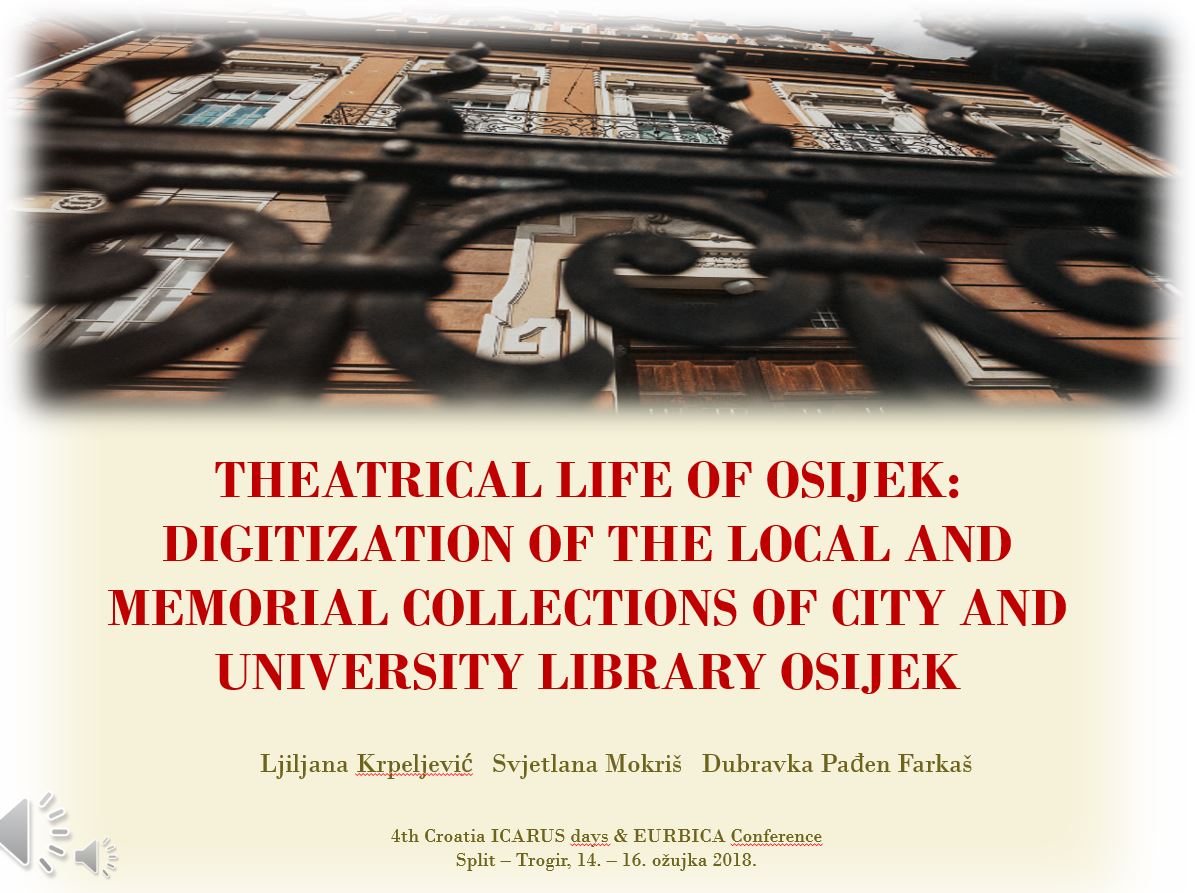 prikaz prve stranice dokumenta Theatrical life of Osijek: digitization of the Local and Memorial collections of City and university library Osijek