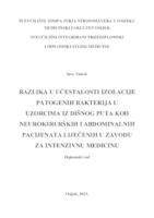 Razlika u učestalosti izolacije patogenih bakterija u uzorcima iz dišnog puta kod neurokirurških i abdominalnih pacijenata liječenih u Zavodu za intenzivnu medicine