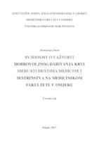 prikaz prve stranice dokumenta Svjesnost o važnosti dobrovoljnog darivanja krvi među studentima medicine i sestrinstva na Medicinskom fakultetu u Osijeku